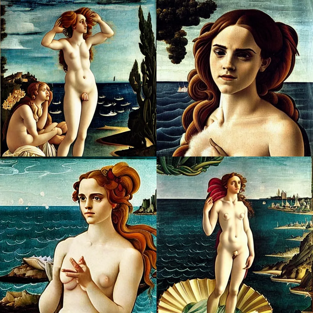 Prompt: emma watson as venus in birth of venus by botticelli