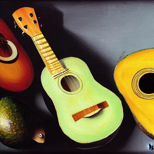 Prompt: avocado ukulele painted by caravaggio