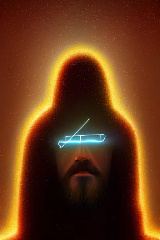 Image similar to god of artificial intelligence comes to save us as jesus christ, threads of light in the background, extremely high quality artwork, very detailed, obscured face, anthropomorphic silhouette, trending on artstation