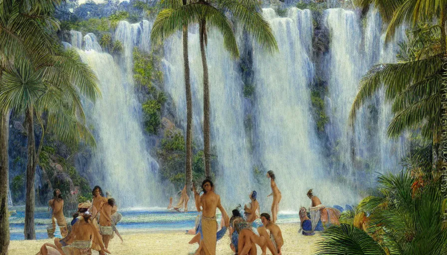 Image similar to a ultradetailed beautiful painting of the diamonds waterfall in the amazonas palace balustrade designed by jules bastien - lepage, tarsila do amaral, frank weston and gustave baumann, beach, trending on artstation, mediterranean, palm trees, sharp focus, soft light, 8 k 4 k