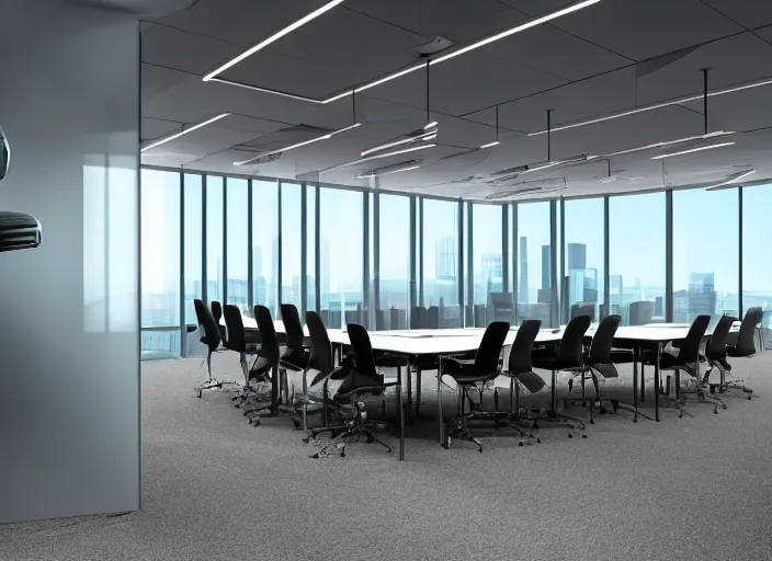 Image similar to A business meeting room. there are 2 people in the room. the first is a severed human head. flying human head. The head is Hovering with no body. the second person is the room is a Robot.