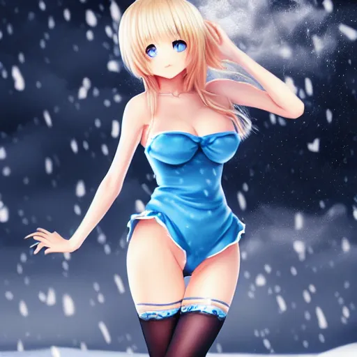 Prompt: full body shot : a very beautiful young blond anime girl on a snowstorm, santa hat, sky blue eyes,, bikini, miniskirt, highly detailed, cinematic wallpaper by stanley artgerm lau