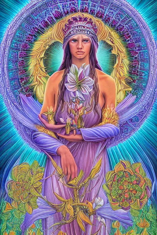 Prompt: goddess of souls holding beautiful flowers in her hands, epic, cinematic, by alex grey