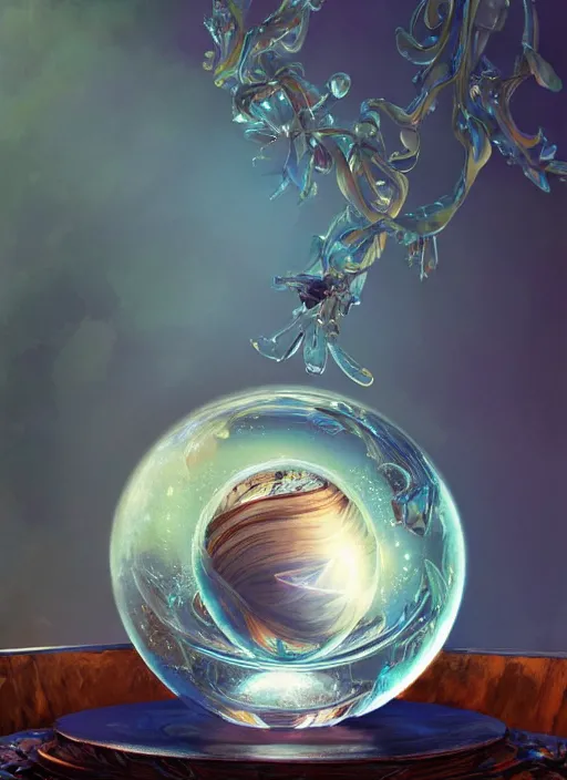 Image similar to crystal ball on a wood stand with a beautiful dreamscape inside, studio product photography, centered, super highly detailed, professional digital painting, artstation, concept art, smooth, sharp focus, extreme illustration, unreal engine 5, photorealism, beautiful, cinematic, art by artgerm and rutkowski and alphonse mucha and loish and wlop