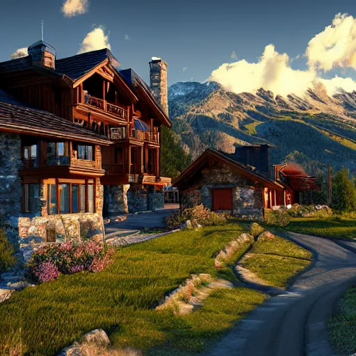 Prompt: montana alpine landscape with modern style mansions scattered on the mountainsides, photo realism, dramatic lighting, from a dream, high quality digital art, unreal engine