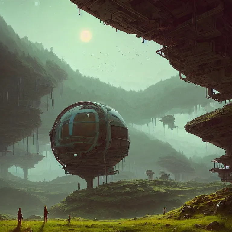 Prompt: O'Neill cylinder colony, view of villages, hills, forests, rivers. Space colony, inside view, octane rendering, cinematic, hyperdetailed, photorealistic, hyperrealism, octane rendering, 8k, depth of field, bokeh, masterpiece, fantastic art by Simon Stalenhag, Jakub Rozalski