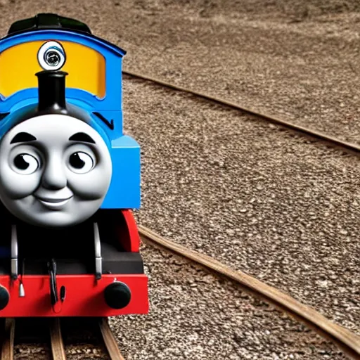 Prompt: Thomas the tank engine with extremely detailed muscular legs instead of wheels, realistic photography, 8k, studio lighting