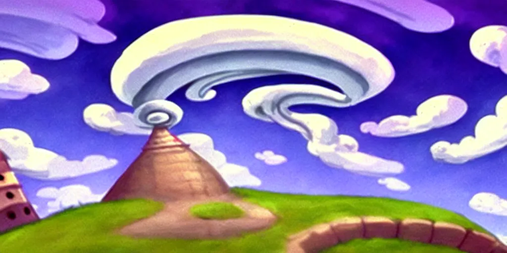 Image similar to chubby cartoon concept art, spiral clouds sky, from sam and max