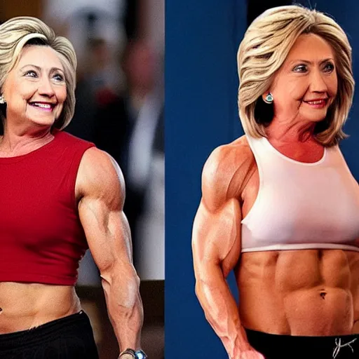 Prompt: an extremely muscular Hillary Clinton, very vascular, steroid use, epic, high detail, high contrast