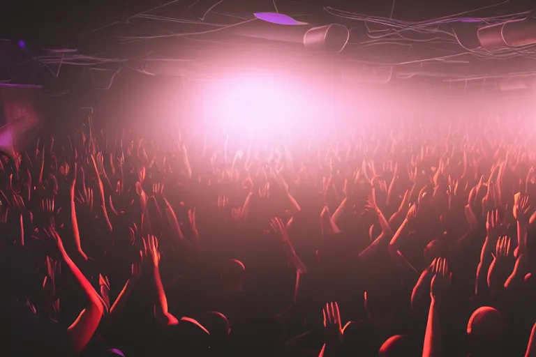 Image similar to crowd partying with their hands up at a club, volumetric lighting, haze, light beams, discoball, dj on stage with raised hands, silhouette, digital art, trending on artstation, 4k, unreal engine, intricate, ornate