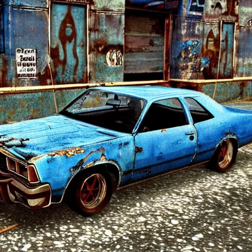 Image similar to A screenshot of a rusty, worn out, broken down, decrepit, run down, dingy, faded chipped paint, tattered, beater 1976 Denim Blue Dodge Aspen in Gran Turismo for the PS1