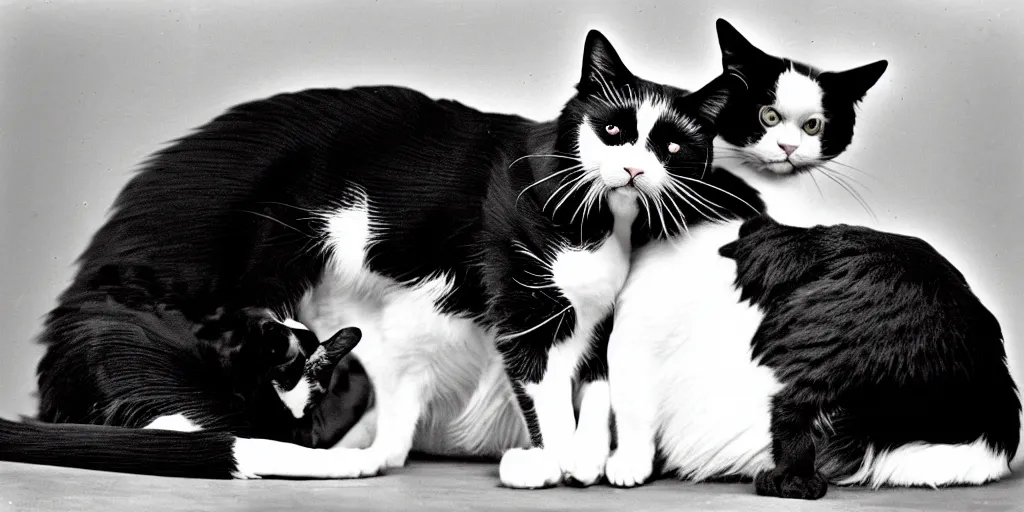 Image similar to very old black and white film photography of a silly animated cat giving a grumpy dog a back rub, real, year 1888, archive