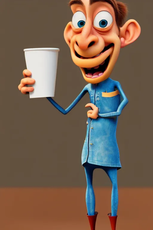 Image similar to portrait of the crazy dentist holding a cup of coffee, full body. pixar disney 4 k 3 d render funny animation movie oscar winning trending on artstation and behance. ratatouille style.