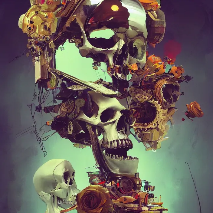 Prompt: a beautiful painting of a atompunk skull by sergey kolesov and vania zouravliov and pascal blanche and rhads. in style of colorful comic noir illustration, symmetry, sci fi, hyper detailed. octane render. trending on artstation