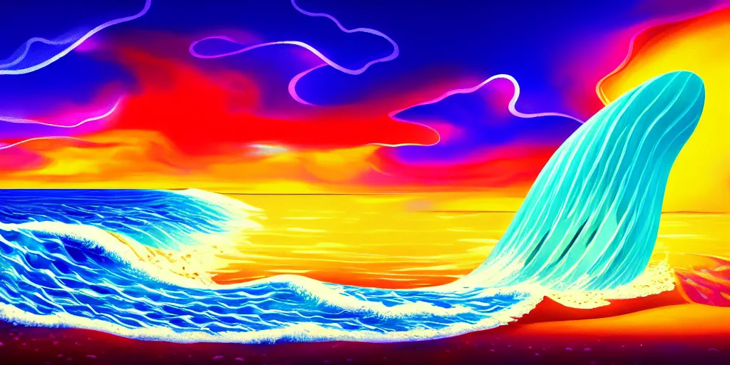 Image similar to a beach shaped like a singing mouth, the waves are made is musical notes, one wave is shaped like the mouths tongue, very colorful painting 8 k trending on art station, intricate details, very realistic, cinematic lighting, volumetric lighting,