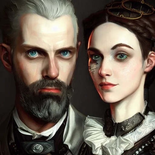 Image similar to portrait painting iris von everec and olgierd von everec, clockwork, steampunk, artstation, detailed