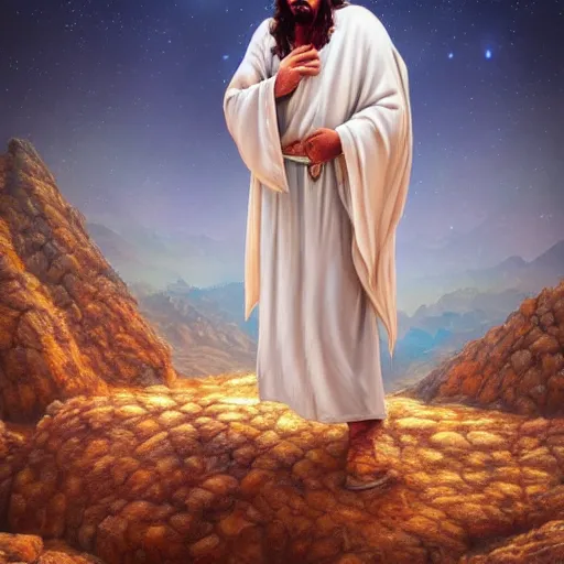 Image similar to an Artstation 3d render of Very very very very highly detailed beautiful mystic oil painting of jesus in the desert, intricate, extremely detailed, digital painting, artstation, concept art, smooth, sharp focus, illustration, intimidating lighting, incredible art,