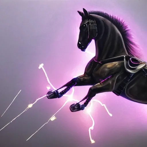 Prompt: a hyper realistic and detailed painting of a cybernetic horse leaving sparks on lighting in it's trails