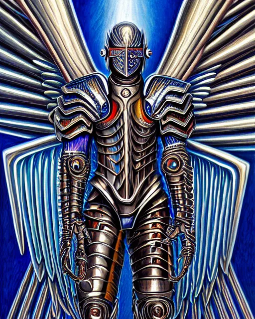 Image similar to Detailed Painting Of a Cyberpunk warrior Archangel knight brute in battle armor with metal metallic wings by Alex Grey
