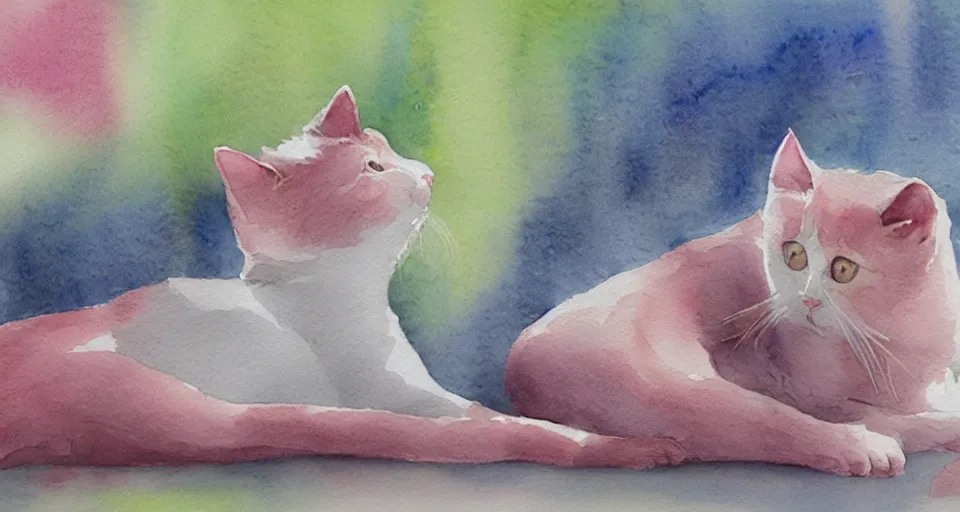 Prompt: a beautiful watercolor painting of a pink cat stretching