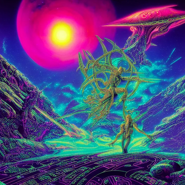 Prompt: mythical quantum star maps, synthwave, bright neon colors, highly detailed, cinematic, tim white, philippe druillet, roger dean, ernst haeckel, lisa frank, michael whelan, kubrick, kimura, isono