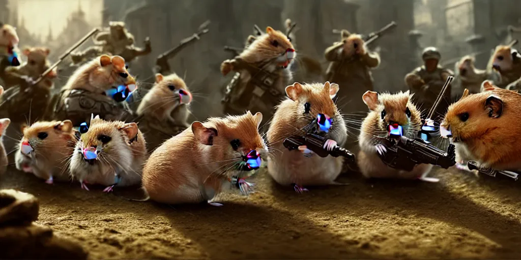 Prompt: highly detailed image of hamsters in a battle, hamsters, hamsters holding rifles, stephen bliss, unreal engine, fantasy art by greg rutkowski, global illumination, radiant light, detailed and intricate environment