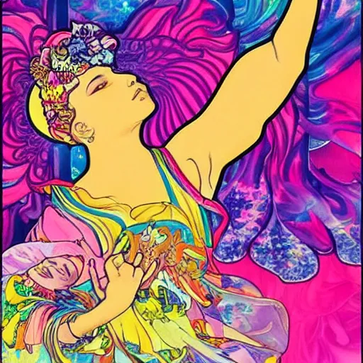 Prompt: how to get high, painted by lisa frank and alfons mucha