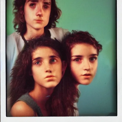 Image similar to French teenagers in the 80's, flash color polaroid, detailed realistic faces