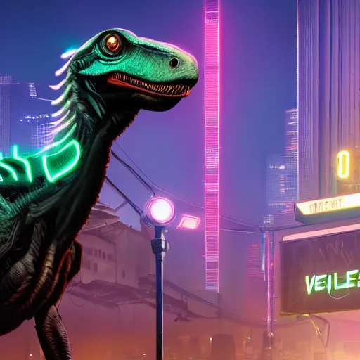 Prompt: close view matte painting of a velociraptor in modern helmet, mechanical bridges on the background, neon glow concept art, smooth, sharp focus, illustration, cyberpunk 2077, neuromancer, scifi, photorealistic, octane render, 8k