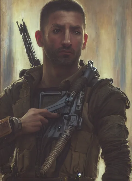 Prompt: arthur cyberpunk USN marine wearing a military vest and military jumpsuit (cyberpunk 2077, bladerunner 2049). Iranian orientalist portrait by john william waterhouse and Edwin Longsden Long and Theodore Ralli and Nasreddine Dinet, oil on canvas. Cinematic, hyper realism, realistic proportions, dramatic lighting, high detail 4k