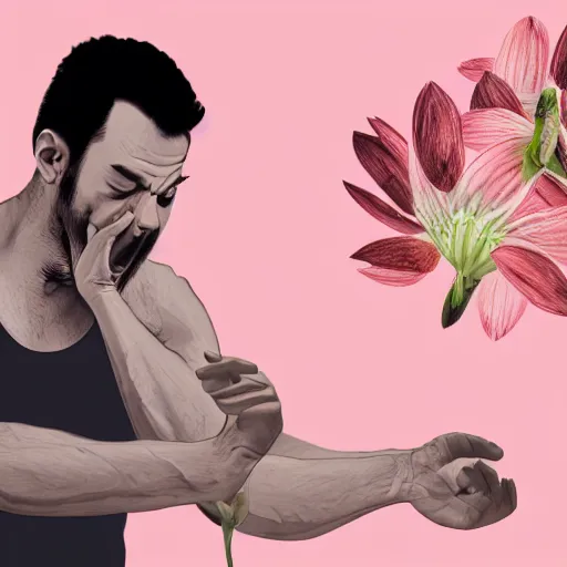 Image similar to man violently farting on a flower, graphic, photorealistic, detailed