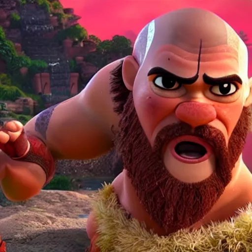 Image similar to kratos fighting with moana rendered by disney