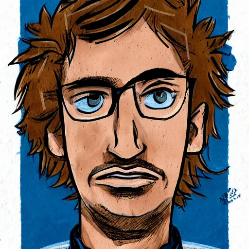 Prompt: a head - on comic - style portrait of a 2 0 - something engineering student, brown messy hair, by laurie greasly