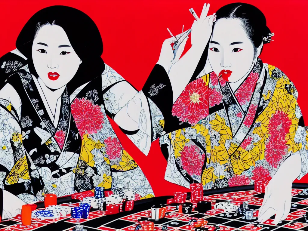 Image similar to hyperrealism composition of the detailed woman in a japanese kimono sitting at an extremely detailed poker table with darth vader, fireworks and folding screen on the background, pop - art style, jacky tsai style, andy warhol style, acrylic on canvas