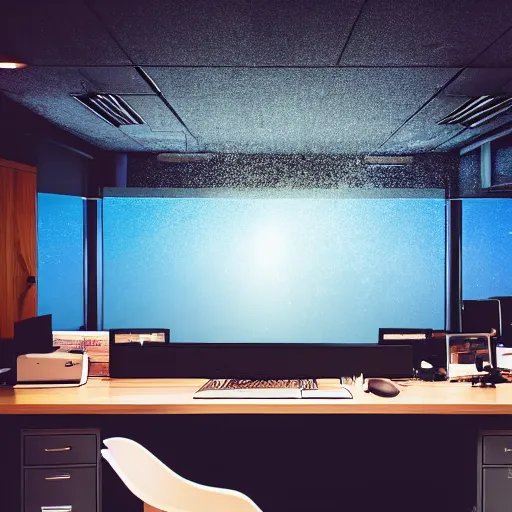 Image similar to photo of an office desk, underwater, cinematic