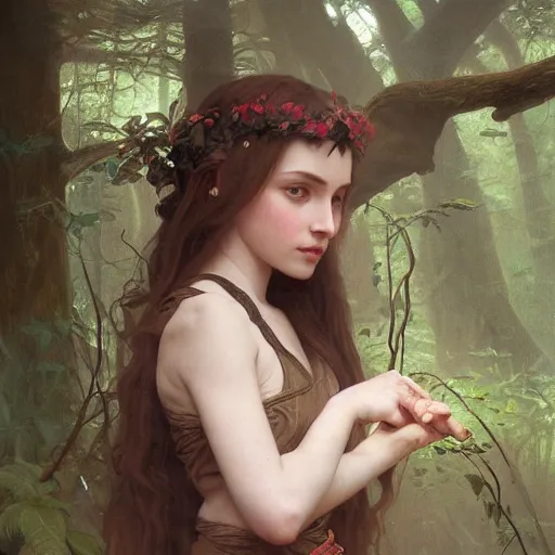 Image similar to painting of a mystic young girl in the forest, intricate, elegant, highly detailed, digital painting, artstation, concept art, smooth, sharp focus, illustration, art by artgerm and greg rutkowski and alphonse mucha and william - adolphe bouguereau