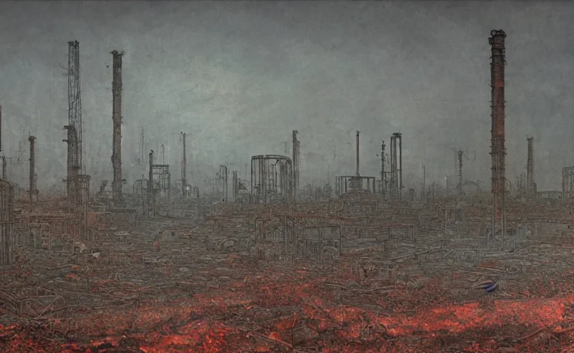 Image similar to industrial devastation abandoned factories oil field post - apocalyptic dusk wasteland irradiated contaminated, beksinski, saturated