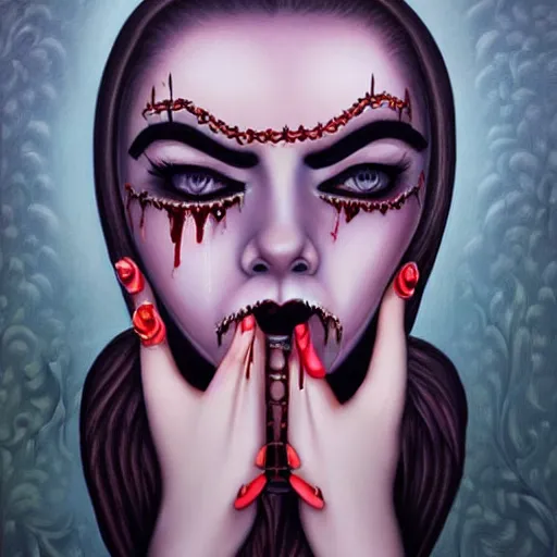 Image similar to a hyperrealistic painting of a beautiful gothic princess crying tears of blood, by Tara McPherson, vivid color, highly detailed,