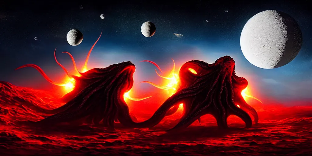 Image similar to giant <Cthulhu> silhouetted lunar surface crushing attacking redspaceship misile fighter with explosion, photorealistic, wide-angle, long shot, epic, space, lunar photo backdrop on film