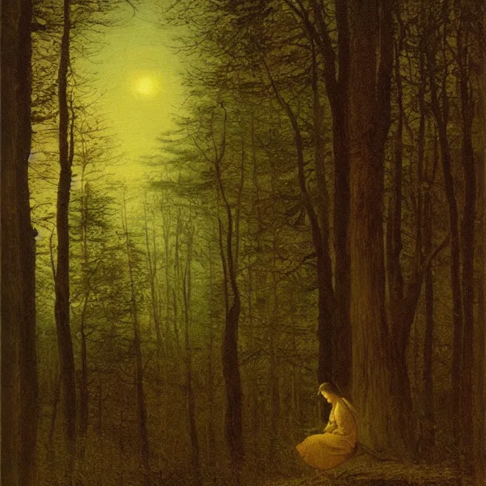 Image similar to painting of a woman lost in the woods by caspar david friedrich, at night