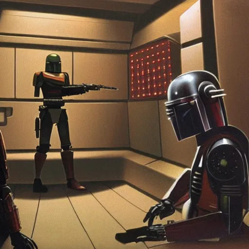 Image similar to ig-88 talking to boba fett in the cantina, artwork by ralph mcquarrie