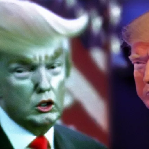 Prompt: A old and very blurry ominous screen footage of Donald Trump with an alien, blurry photo