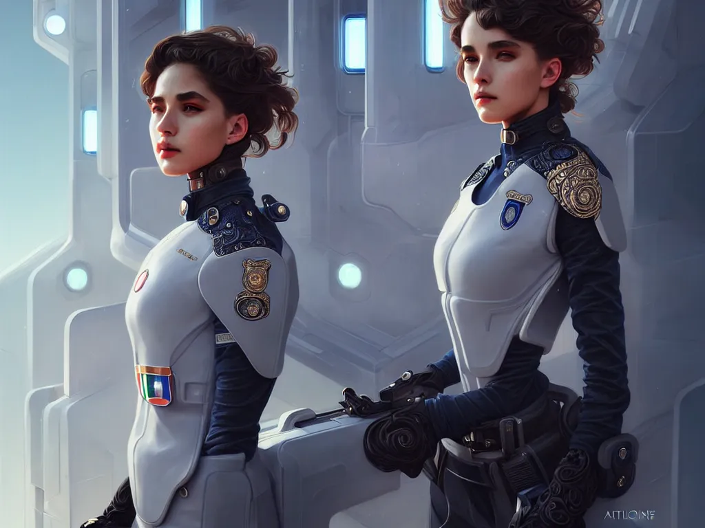 Prompt: portrait futuristic italy police uniform female, at future neon light rooftop, ssci - fi and fantasy, intricate and very very beautiful and elegant, highly detailed, digital painting, artstation, concept art, smooth and sharp focus, illustration, art by tan zi and ayanamikodon and alphonse mucha and wlop