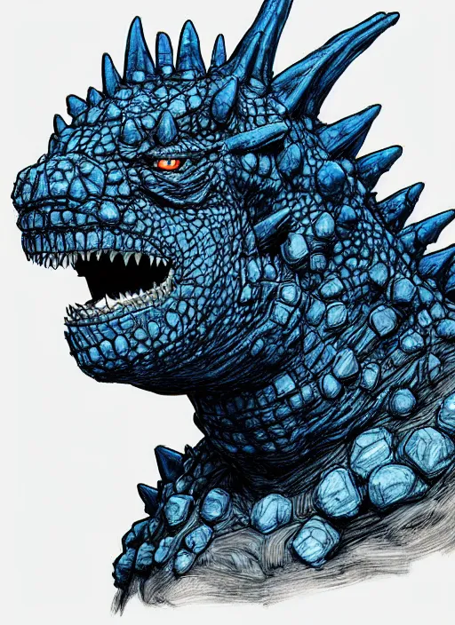 Image similar to close up portrait of a fat blue godzilla wearing a dog collar, powerful, domineering, stoic, intense, ultrafine hyperdetailed illustration by kim jung gi, irakli nadar, intricate linework, sharp focus, octopath traveler, yoji shinkawa, highly rendered, detailed, concept art