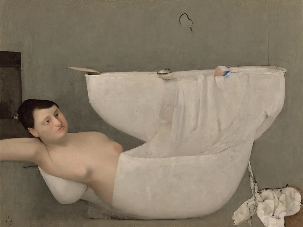 Image similar to Portrait of a woman in the bathtub with amphora, white cloth and crane. White Opal, marble, terracotta. Painting by Balthus, Hammershoi, Morandi