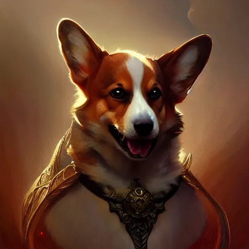 Image similar to A corgi like a hellhound, D&D, dark fantasy, intricate, elegant, highly detailed, digital painting, artstation, concept art, smooth, sharp focus, illustration, art by artgerm and greg rutkowski and alphonse mucha