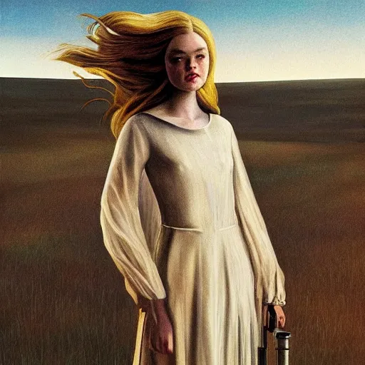 Image similar to Elle Fanning in the painted world of Star Wars, head and shoulders masterpiece, apocalypse, golden hour, cosmic horror, artstation, in the style of Andrew Wyeth and Edward Hopper and Bosch, extremely detailed