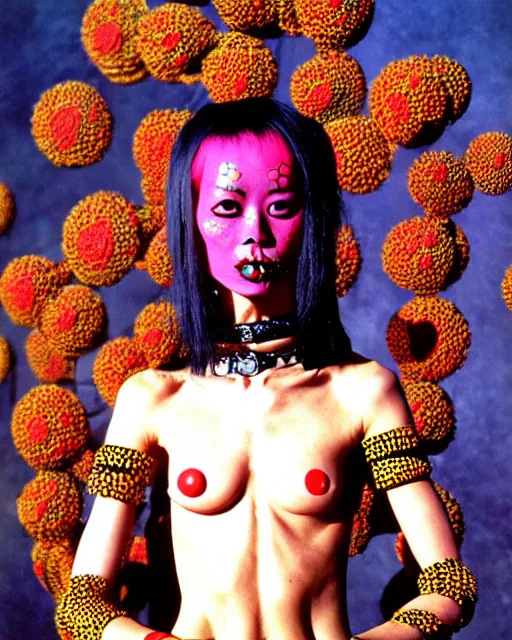 Image similar to portrait of a skinny punk goth yayoi kusama wearing armor by simon bisley, john blance, frank frazetta, fantasy, thief warrior, floral flowers colorful