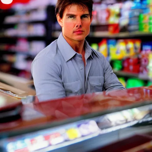 Prompt: Tom Cruise working as a 7/11 cashier, macro, detailed, beautiful lighting