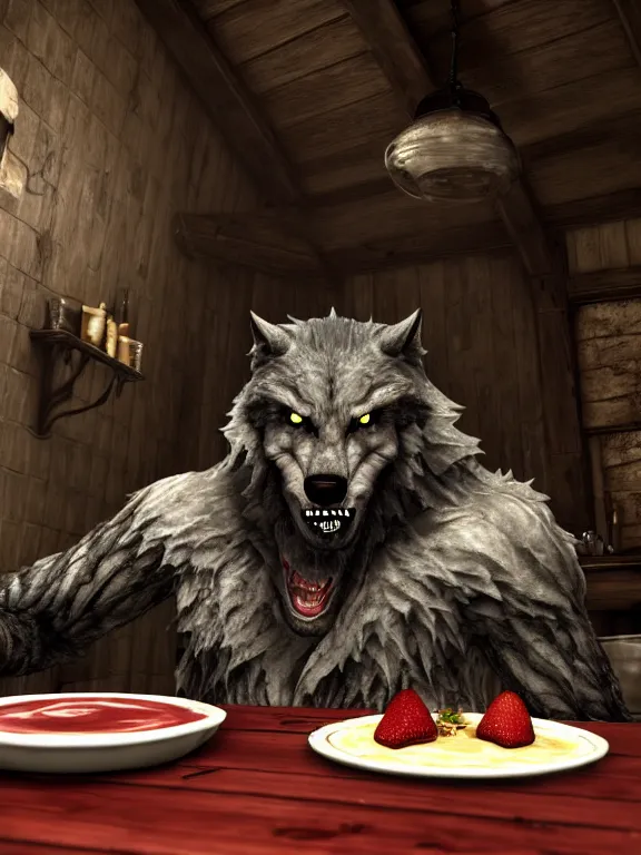 Prompt: cute handsome cuddly burly surly relaxed calm timid werewolf from van helsing sitting down at the breakfast table in the kitchen of a normal suburban home cooking having fun baking strawberry tart cakes unreal engine hyperreallistic render 8k character concept art masterpiece screenshot from the video game the Elder Scrolls V: Skyrim